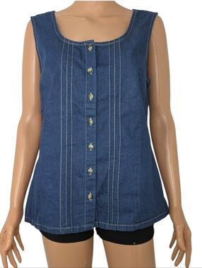 HIGH SIERRA  Denim Catton Blue Sleeveless Blouse Front Button Pleats Size XL-18